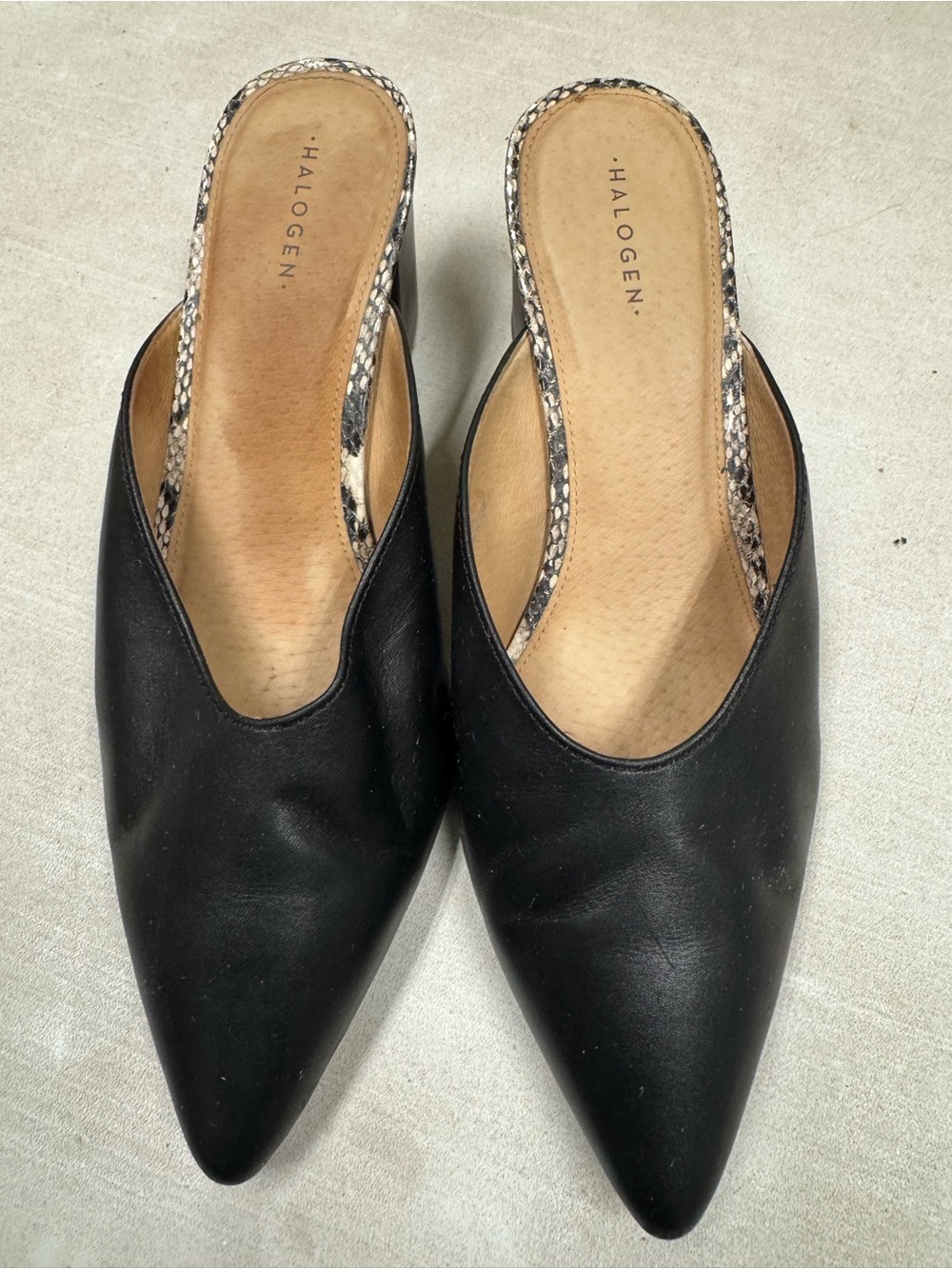 Halogen Black Pointed Leather Mule Slides with Snake-Trim